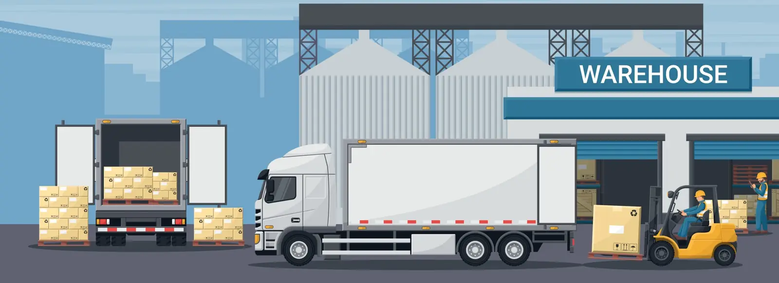 Exterior,Of,Industrial,Warehouse.,Worker,Doing,Inventory,Of,Merchandise.,Forklift Lorry loading packages outside smart warehouse